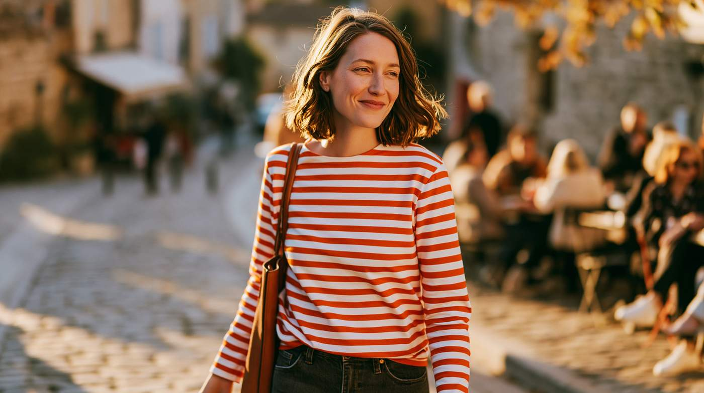 A woman walking confidently through a busy city street, representing balance and alcohol moderation management in everyday life.